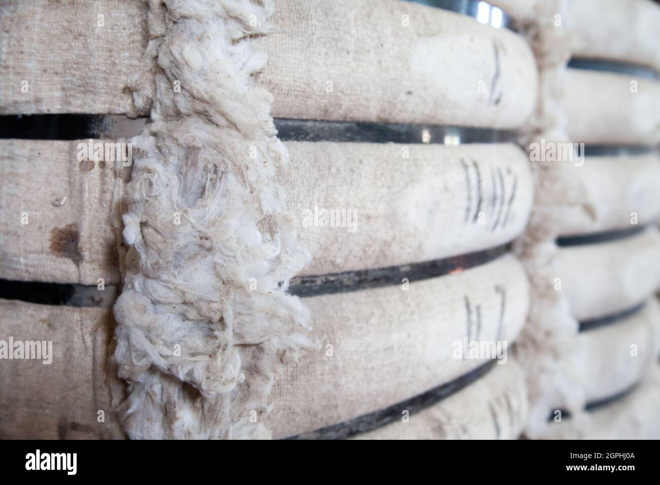 Balles de coton brut dans une usine de textile. Banque D'Images