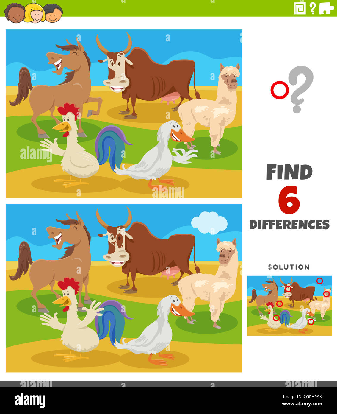 différences jeu éducatif avec les animaux de ferme de bande dessinée Illustration de Vecteur