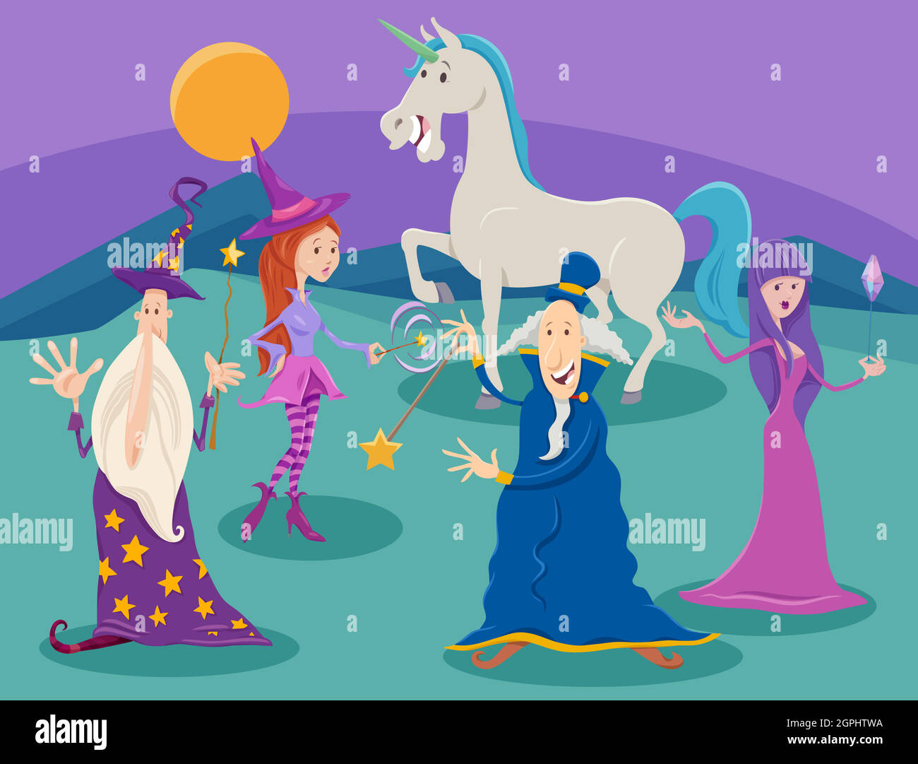 assistants de dessin animé et sorcières avec personnages unicorn fantasy Illustration de Vecteur