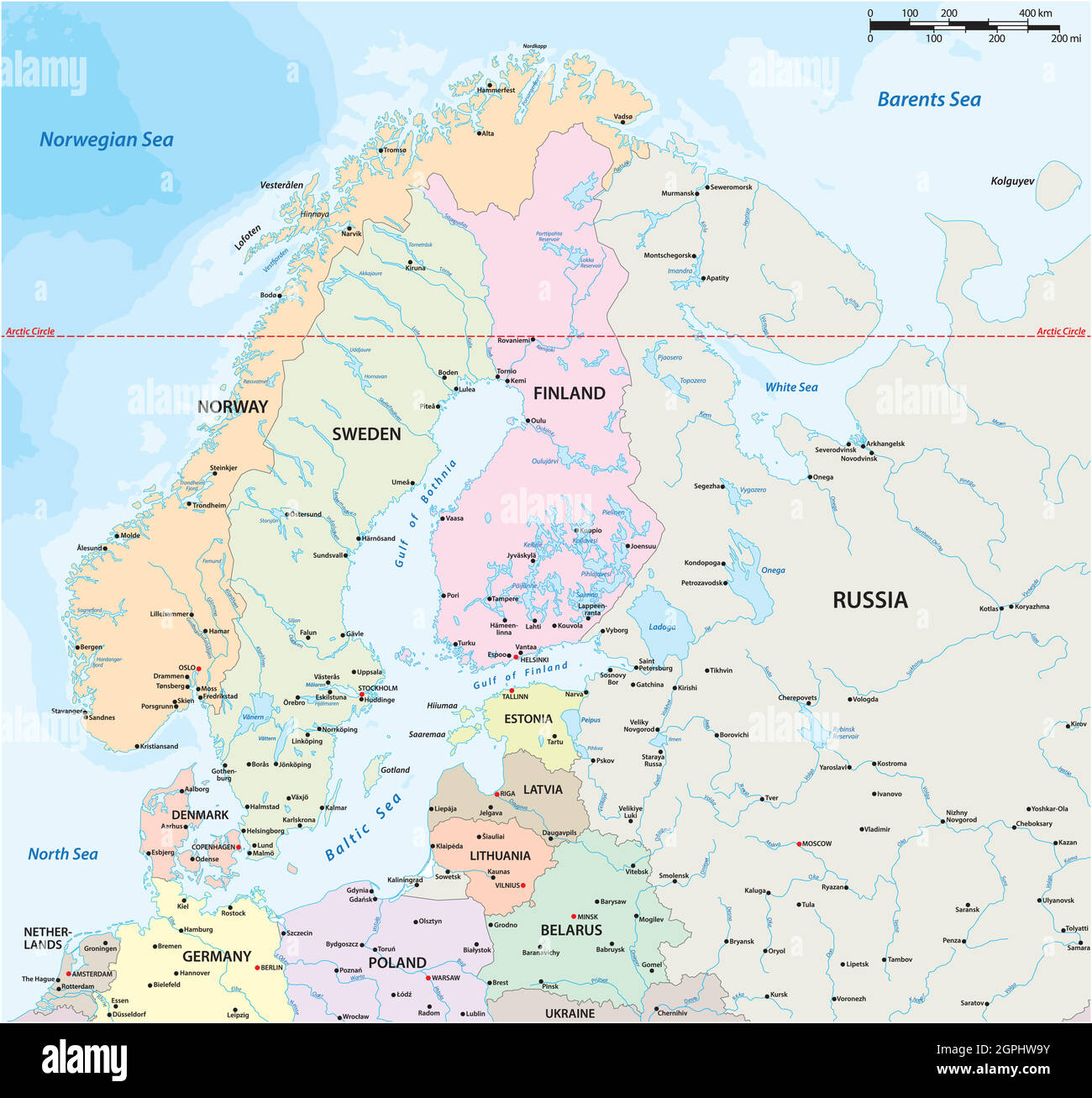 carte vectorielle de l'europe du nord avec les grandes villes et les plans d'eau Illustration de Vecteur