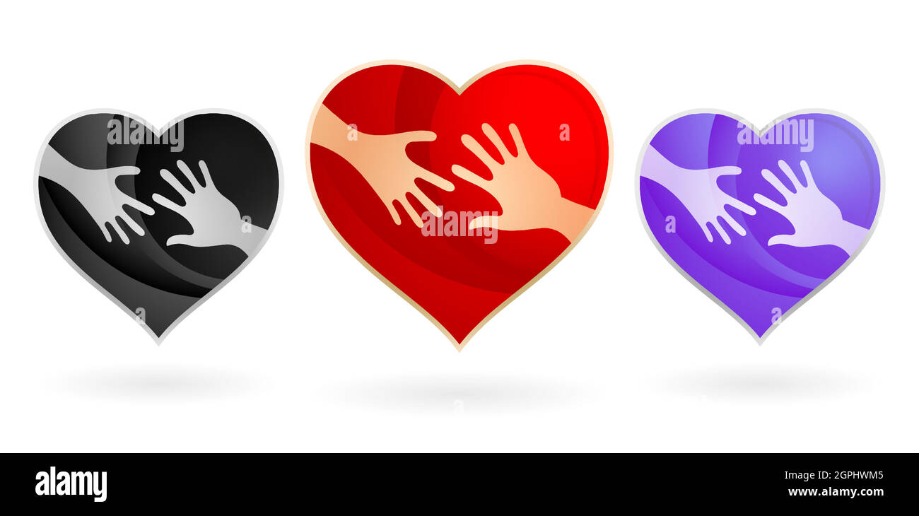 Heart for Charity Child Logos concepts. Avec deux mains et trois couleurs différentes arrière-plans blancs isolés, applicables pour les événements sociaux, les valentins, l'amitié ou la convivialité Illustration de Vecteur