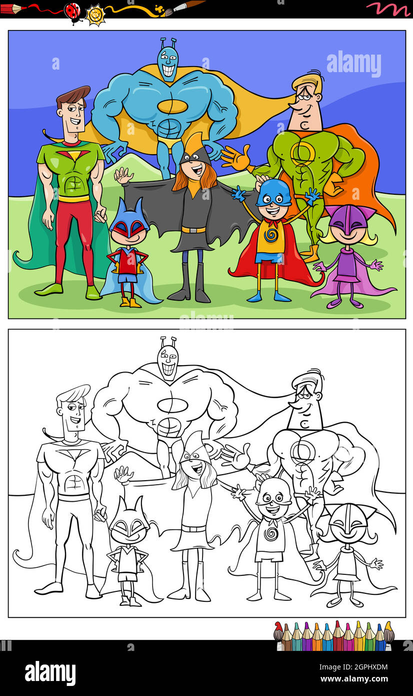 page de livre de coloriage de personnages de super-héros de dessin animé Illustration de Vecteur