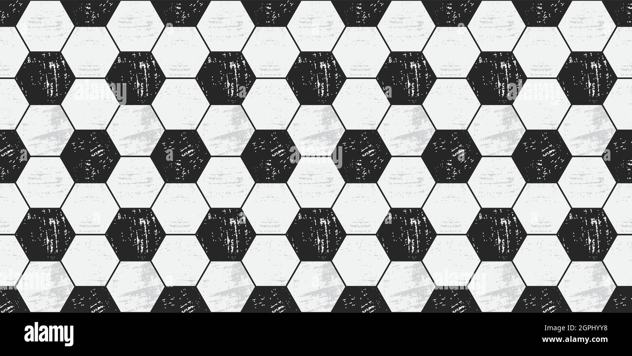 Texture du ballon de football. Motif football sans coutures, style grunge. Papier peint hexagonal noir et blanc. Motif carreaux à répétition vectoriel. Illustration de Vecteur