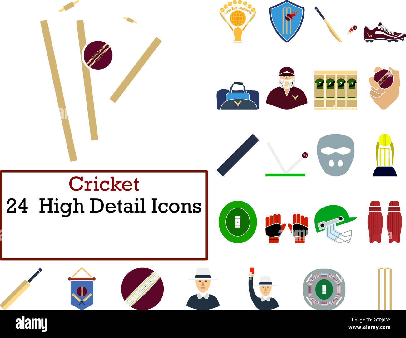 Jeu d'icônes de cricket Illustration de Vecteur