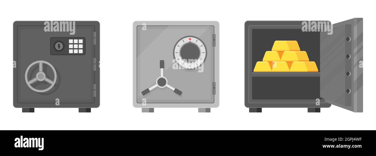 Coffre-fort de banque, bar doré, ingnots. Illustration de dessin animé à vecteur plat Illustration de Vecteur