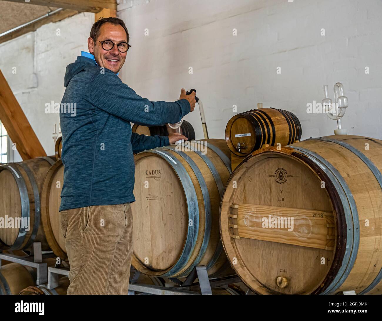 Jakob Stokkebye présente ses derniers vins.Les principaux clients des quelque 20 000 000 bouteilles de production annuelle sont les restaurants vedettes dans tout le Danemark.Cave de vinification par Stokkebye, Nyborg, Danemark Banque D'Images