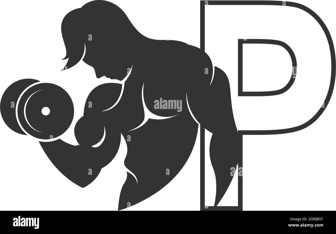 Lettre P logo icône avec une personne tenant le vecteur barbell Illustration de Vecteur
