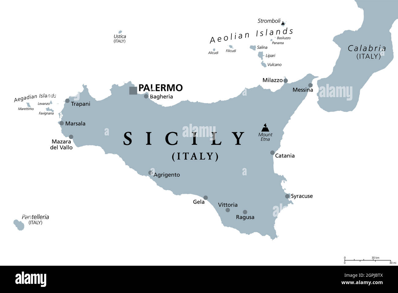 Sicile, région autonome de l'Italie, carte politique grise Illustration de Vecteur