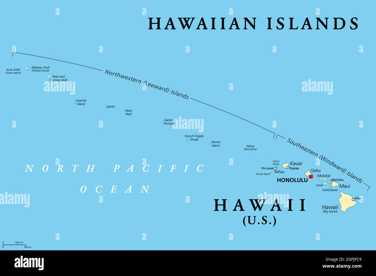 Îles hawaïennes, carte politique, état d'Hawaï et de l'île Midway Illustration de Vecteur