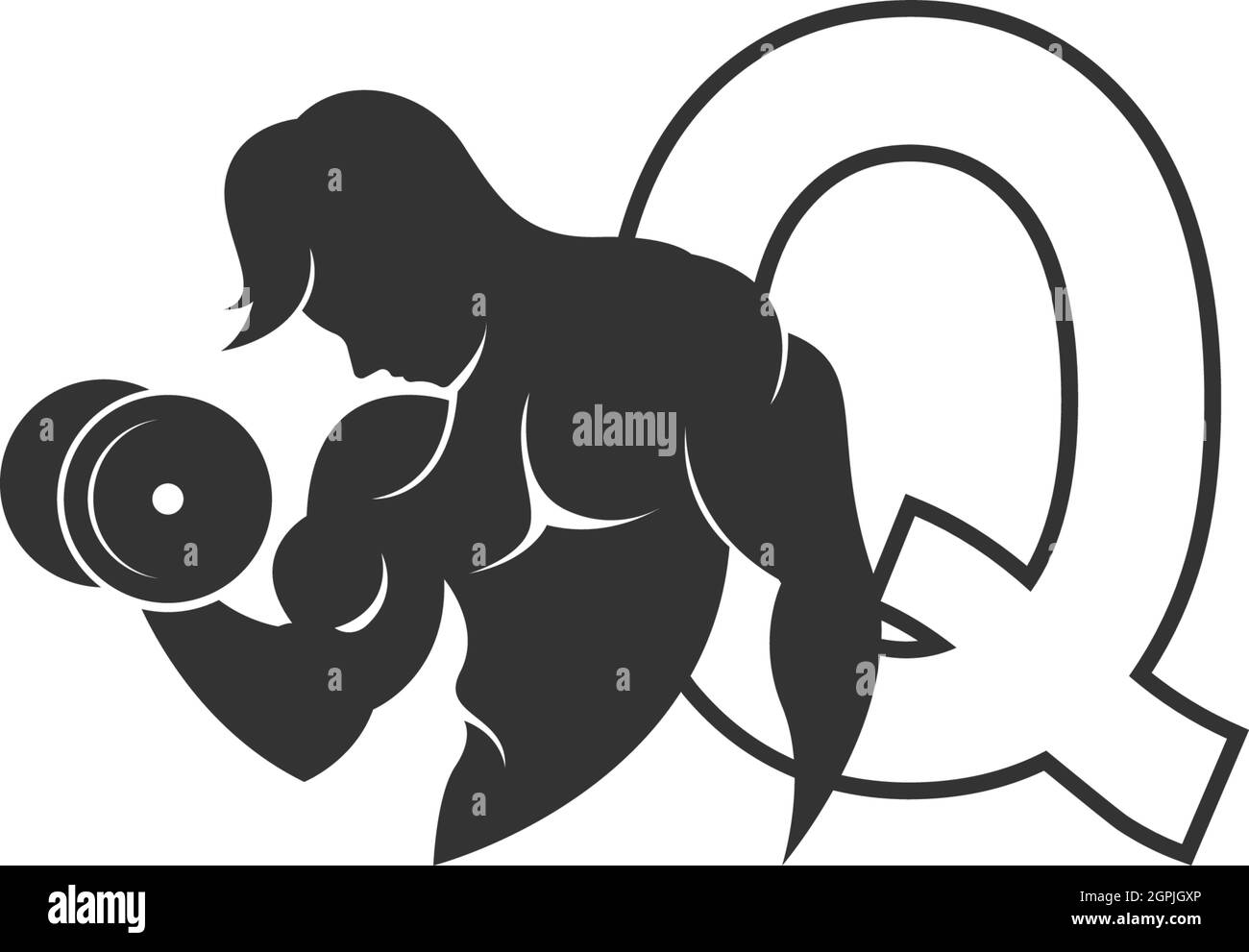 Icône de logo lettre Q avec une personne tenant le vecteur barbell Illustration de Vecteur