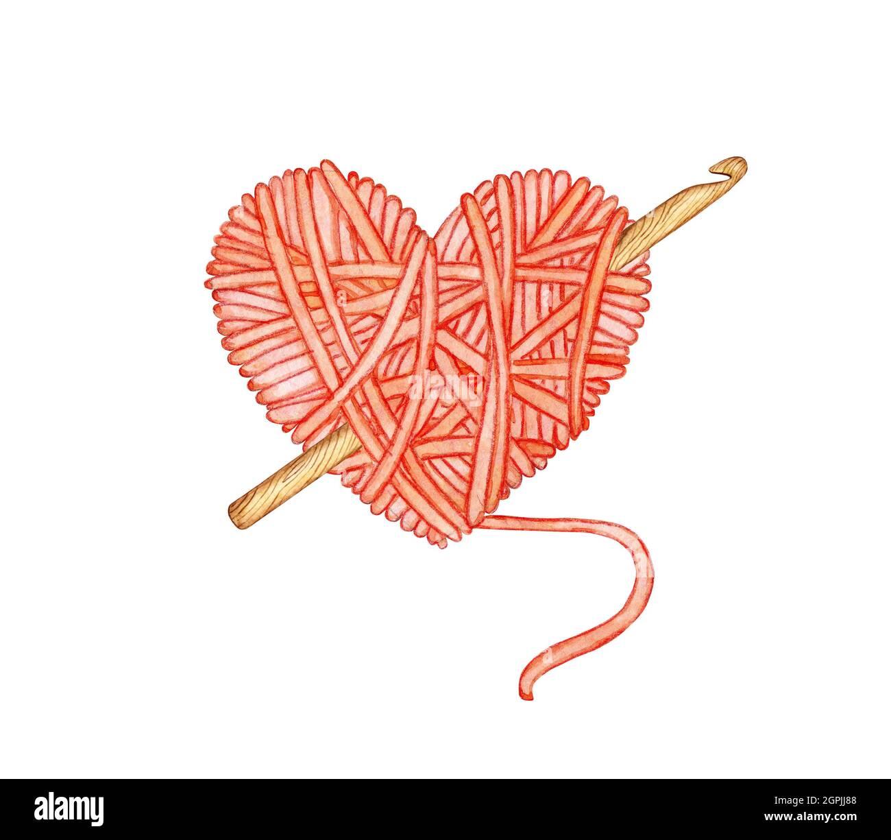 Aquarelle illustration d'une boule rouge de laine en forme de coeur avec un crochet en elle. Amour pour le tricot, la créativité, l'artisanat, le logo, la bannière, d Banque D'Images