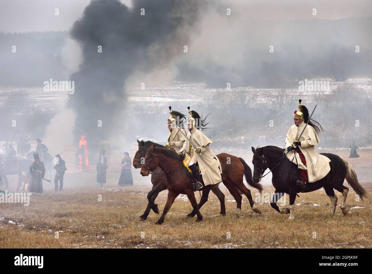 Borisov, Bélarus - 25 novembre 2018 : reconstruction historique la bataille de Berezina dans la guerre napoléonienne entre les armées russes et françaises en 1812. Fin Banque D'Images