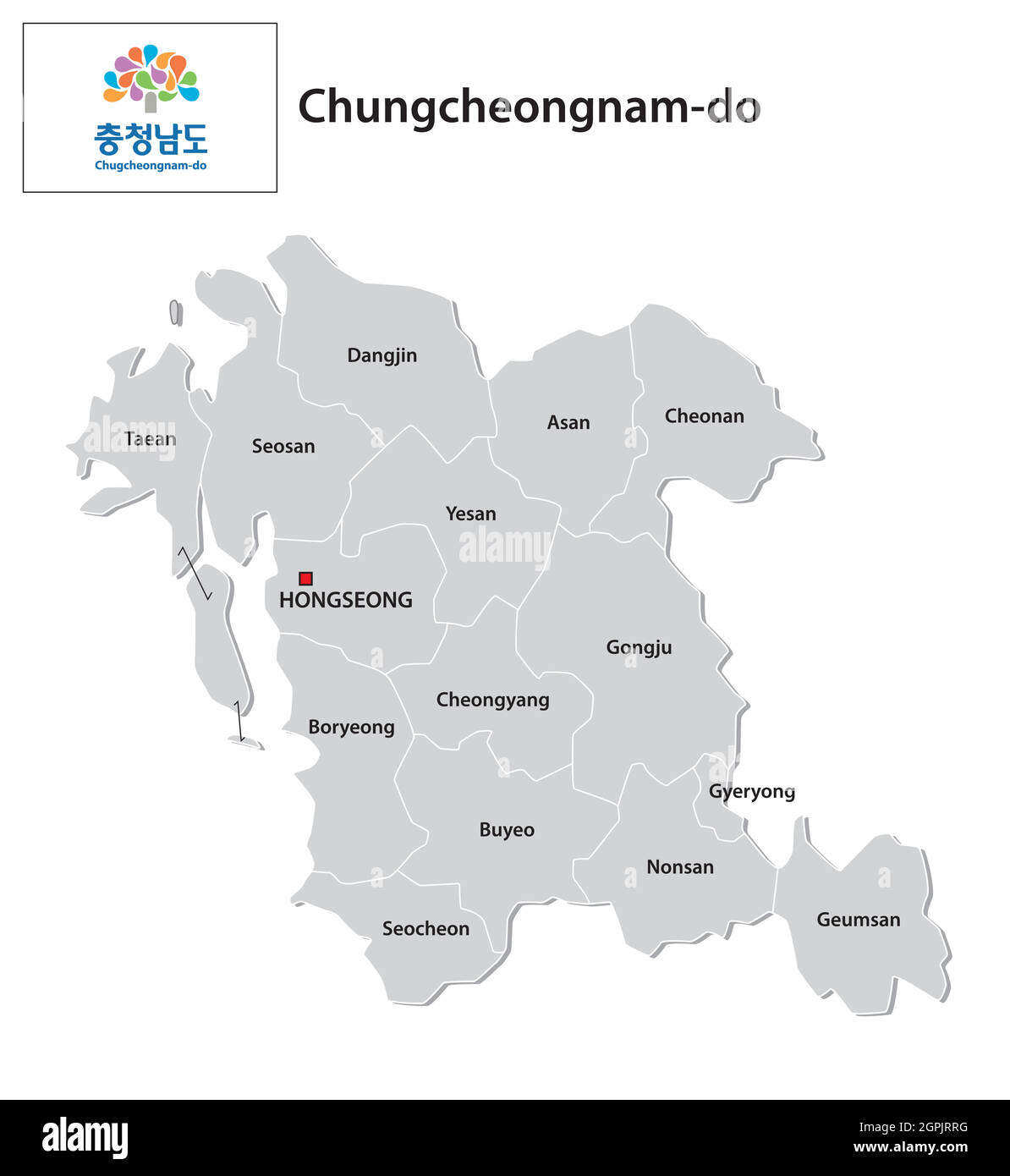 Carte vectorielle administrative de la province sud-coréenne de Chungcheong avec drapeau Illustration de Vecteur