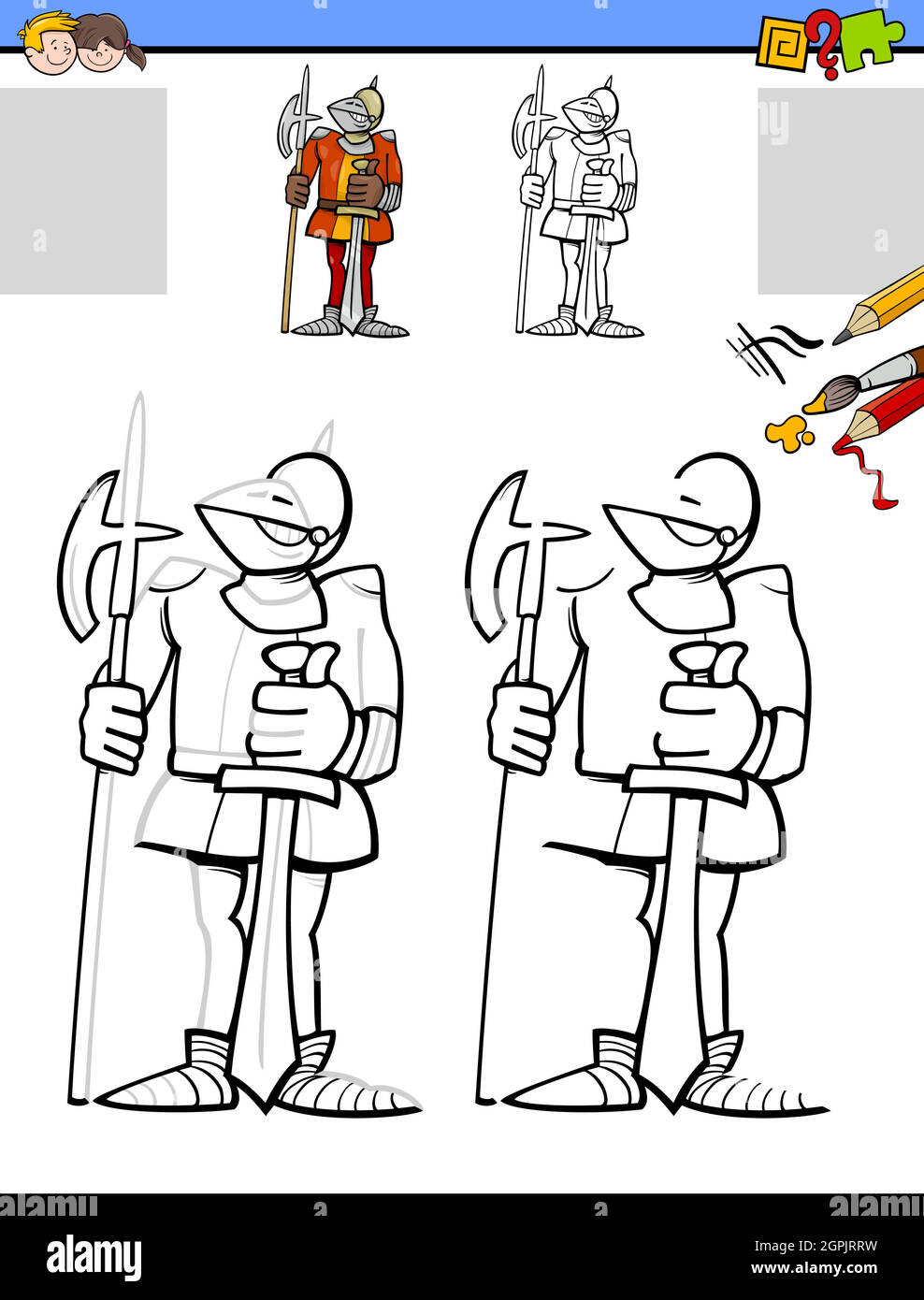 tâche de dessin et de coloriage avec un personnage de chevalier Illustration de Vecteur