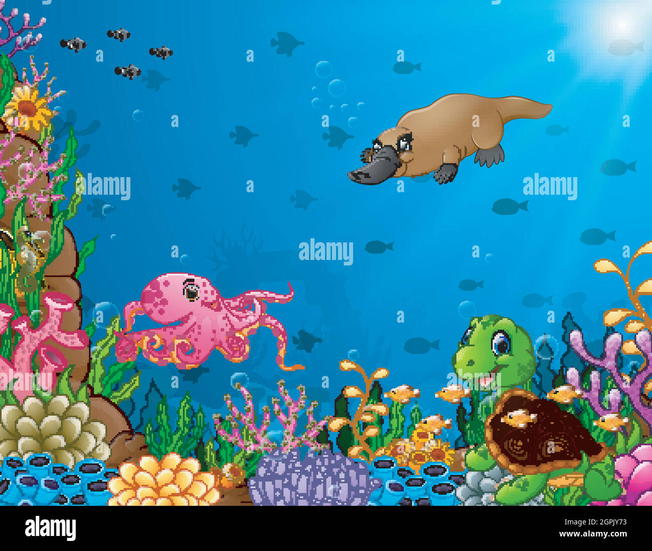 Dessin animé animal tropical avec beau monde sous-marin Illustration de Vecteur