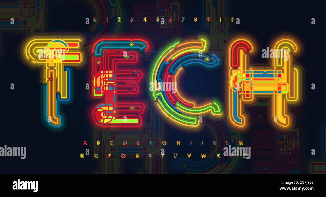 Police néon, alphabet pour hud, données et recherche. Lettres de tube lumineuses et lumineuses de la ligne de contour. Jeu de lettres brillantes pour le logo cyber, l'ordinateur Illustration de Vecteur