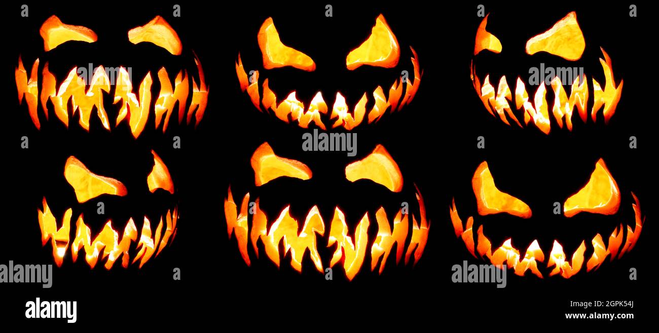 Collection de citrouille d'Halloween effrayante Jack o lanterne visages rouge et jaune énérily sur noir Banque D'Images