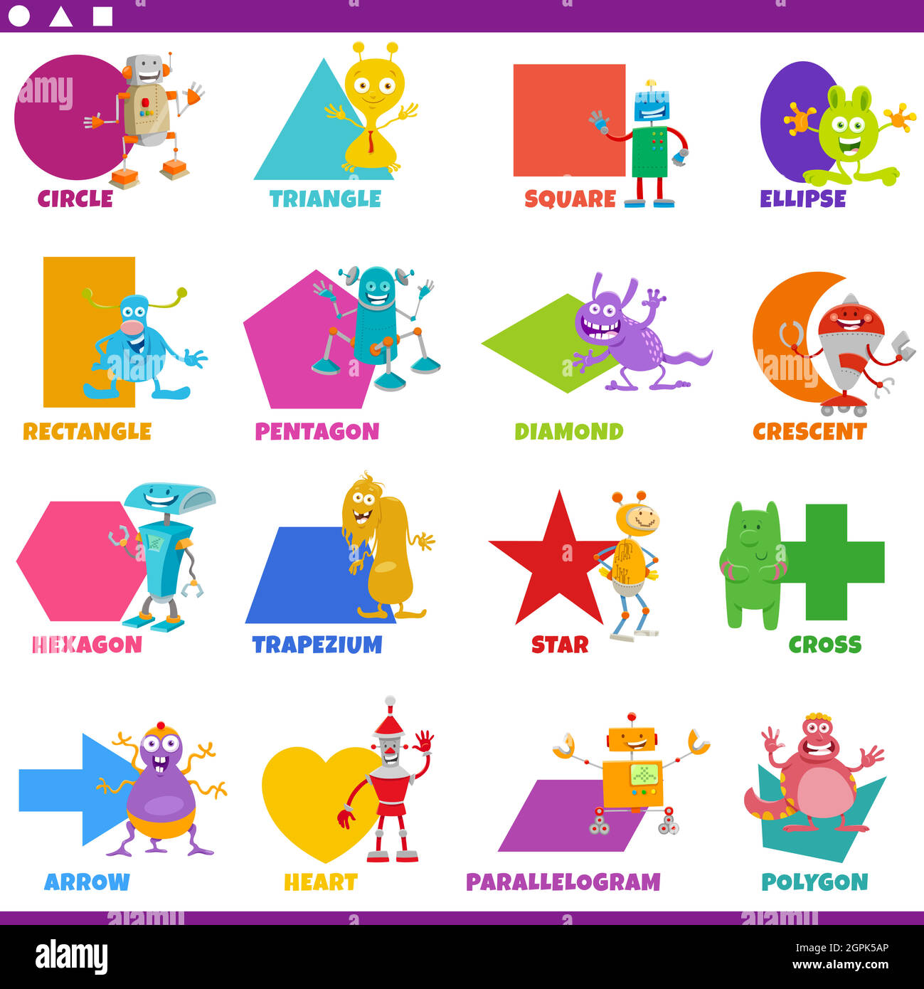 formes géométriques de base avec jeu de personnages de fantaisie de bande dessinée Illustration de Vecteur