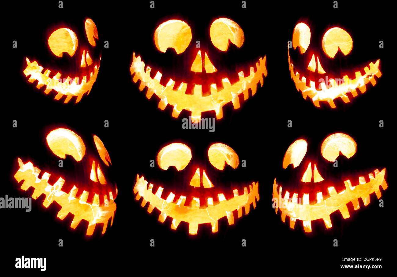 Collection de citrouilles sculptées effrayantes pour Halloween Jack o lanterne visages rouge et jaune énénuphars sur noir Banque D'Images