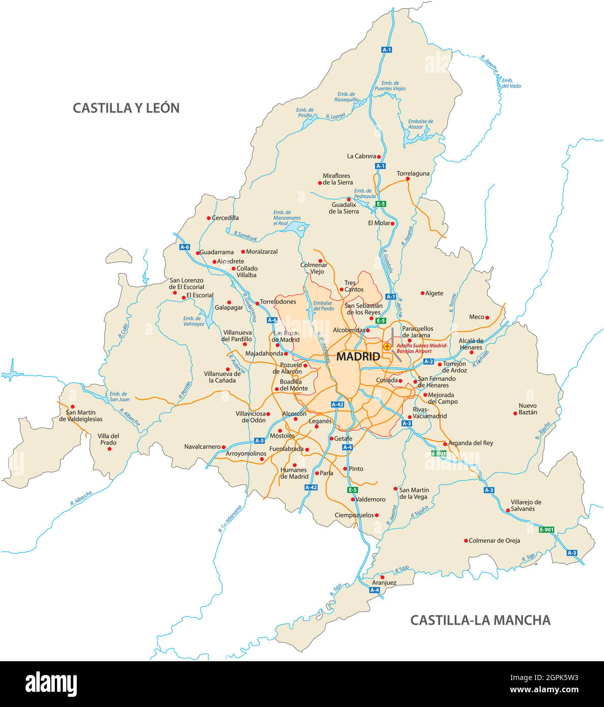 Carte routière de la Communauté de Madrid, Espagne Illustration de Vecteur