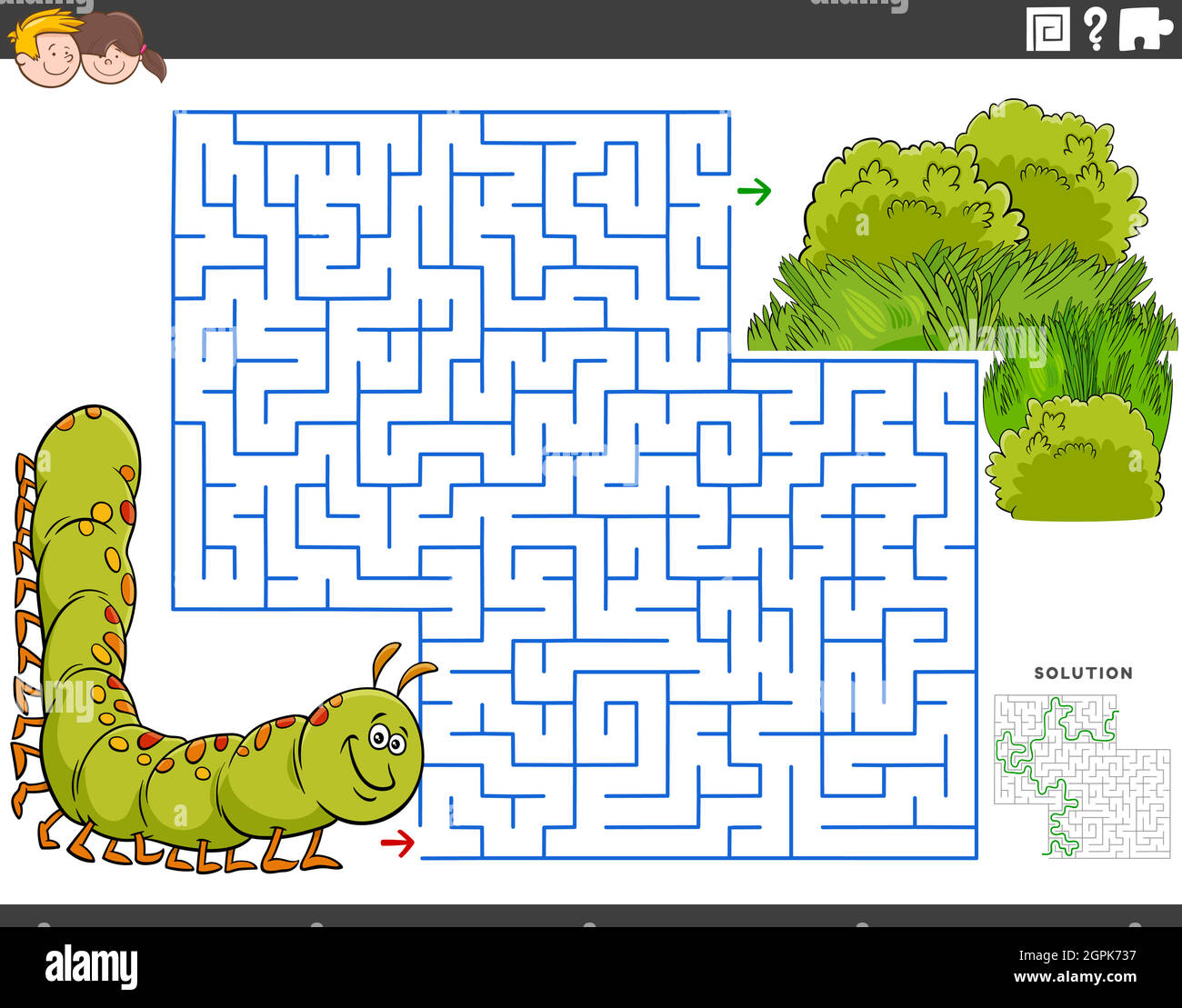 maze jeu éducatif avec bande dessinée caterpillar et prairie Illustration de Vecteur