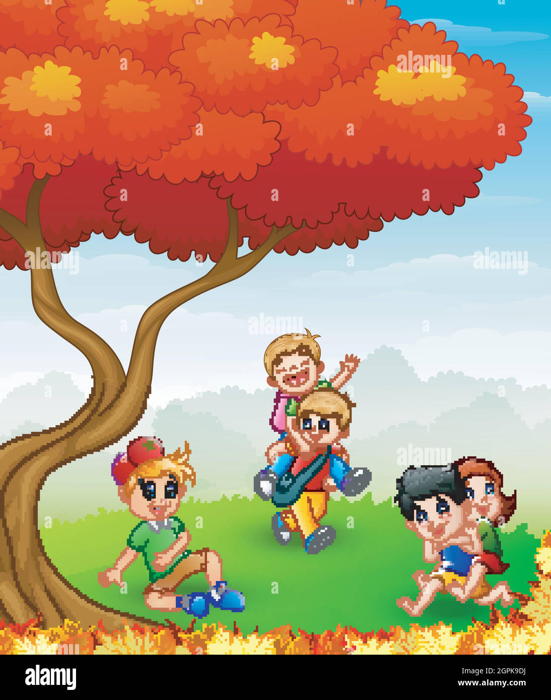 Des enfants heureux jouant dans les arbres d'automne Illustration de Vecteur