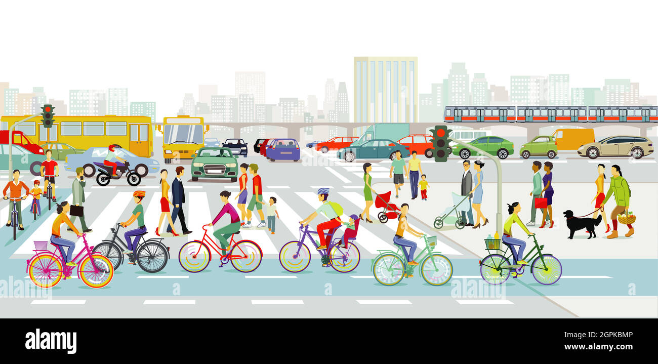 Rues principales dans une grande ville avec beaucoup de circulation et piétons sur le passage à zébra Illustration de Vecteur