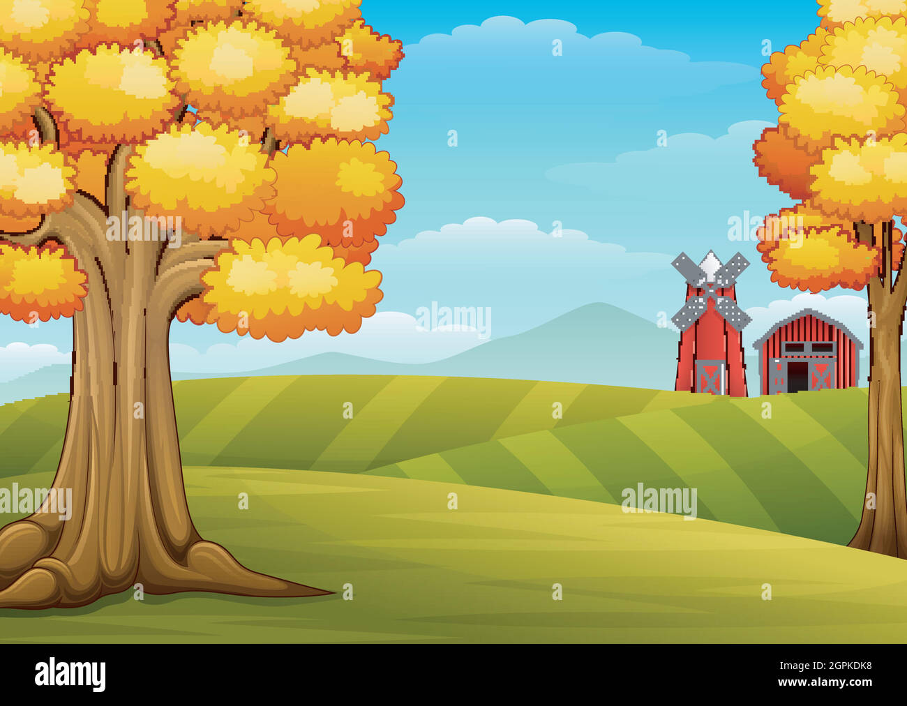 Arbres d'automne dans le paysage de la ferme avec grange et moulin à vent Illustration de Vecteur