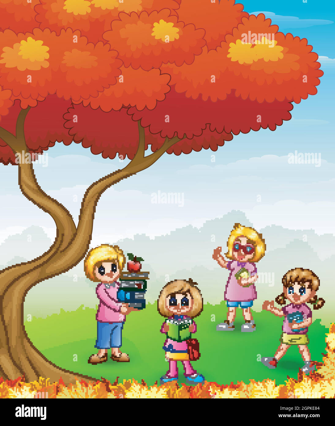 Des enfants heureux étudiant dans les arbres d'automne Illustration de Vecteur