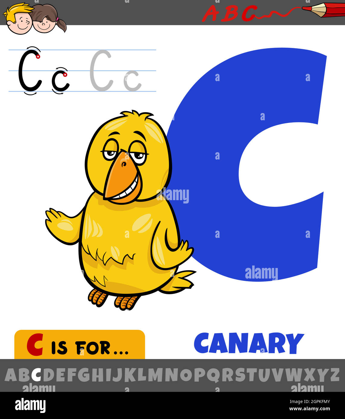 Lettre C de l'alphabet avec dessin animé oiseau canari Illustration de Vecteur