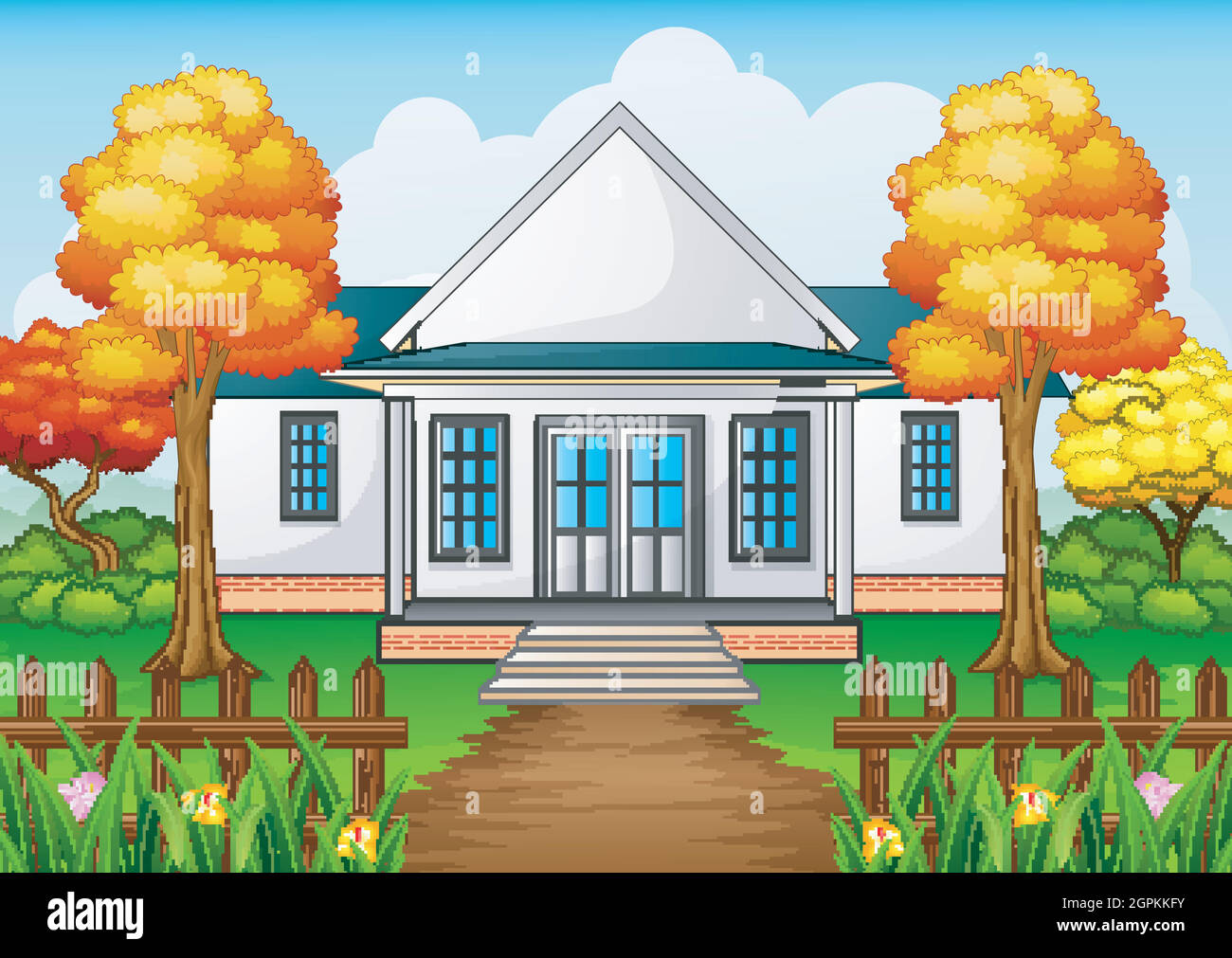 Maison de dessin animé en automne avec cour verte et clôture en bois Illustration de Vecteur