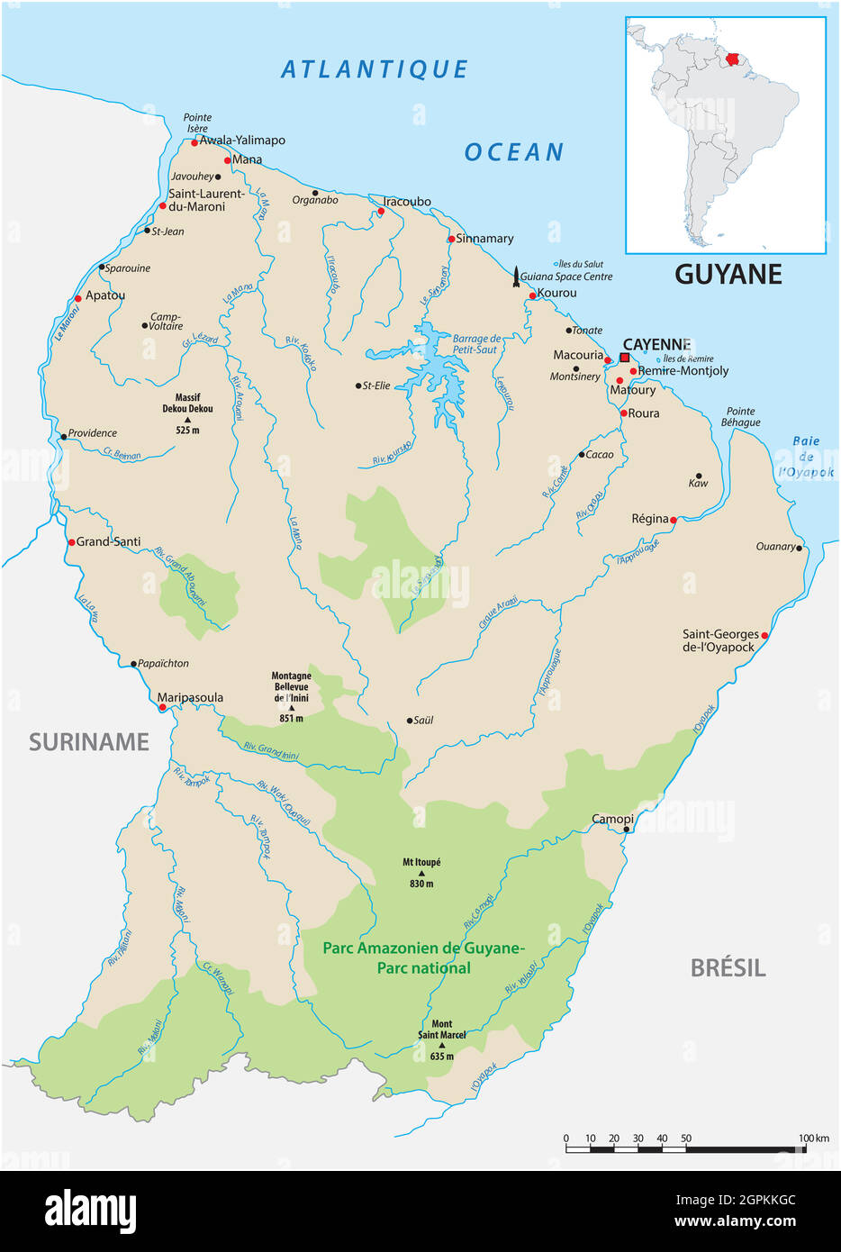Carte vectorielle détaillée de l'état sud-américain du français Guyane Illustration de Vecteur