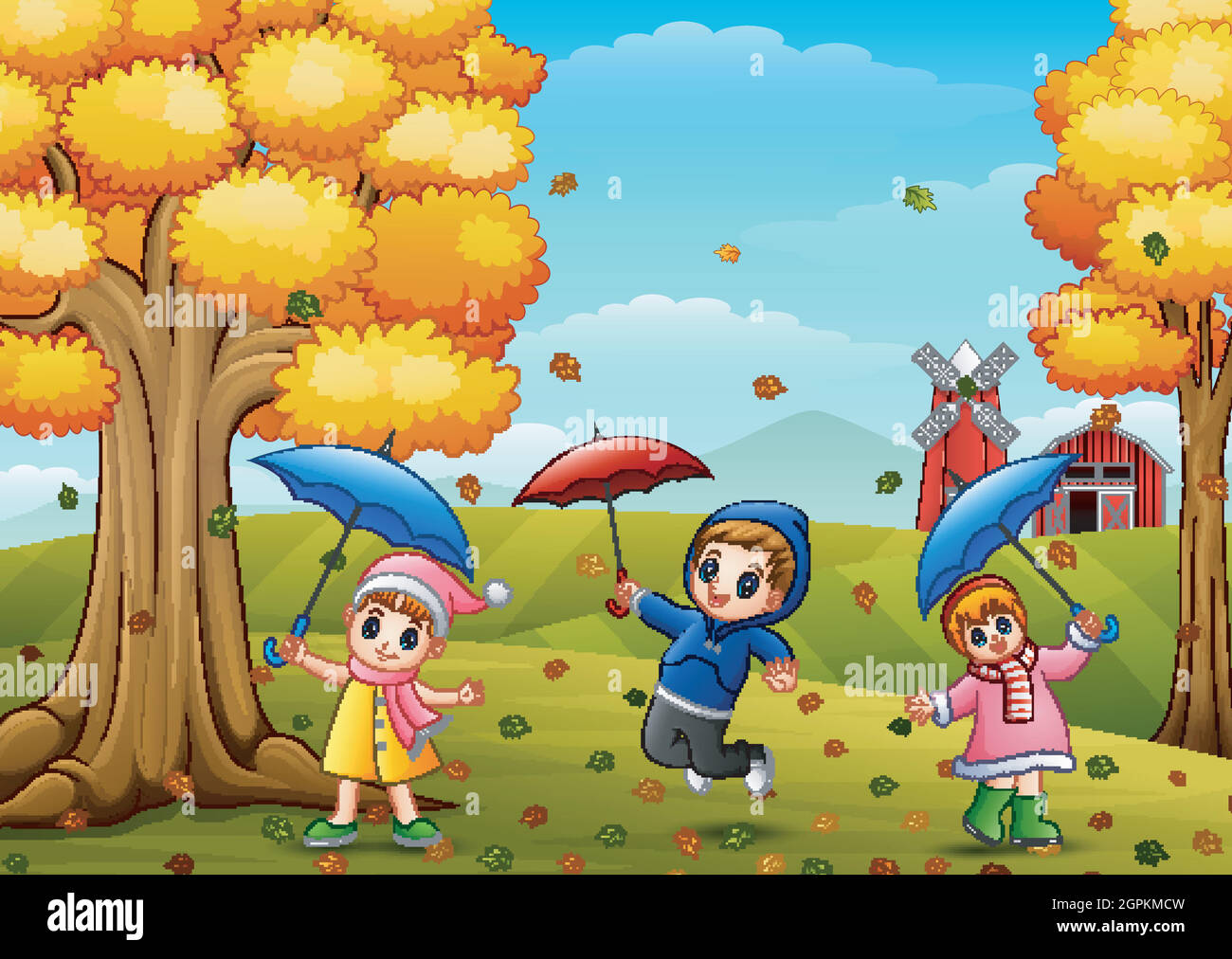 Enfants heureux jouant avec des parasols dans le paysage de la ferme Illustration de Vecteur