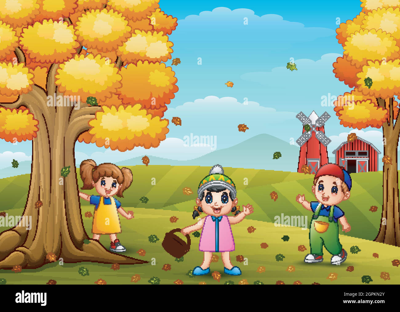 Des enfants heureux jouant avec un panier en bois dans le paysage de la ferme Illustration de Vecteur