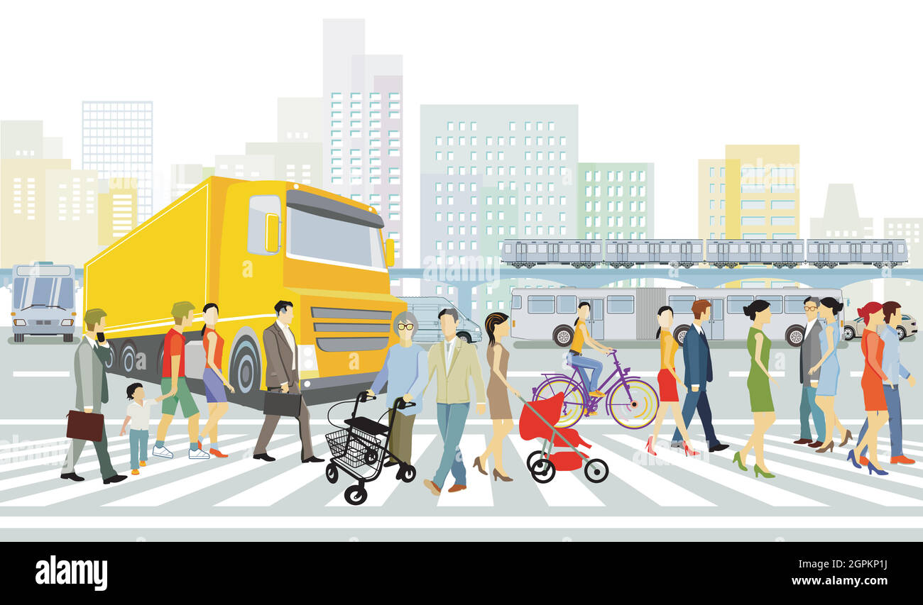 Ville avec circulation routière, maisons et piétons sur le passage à Zébra Illustration de Vecteur