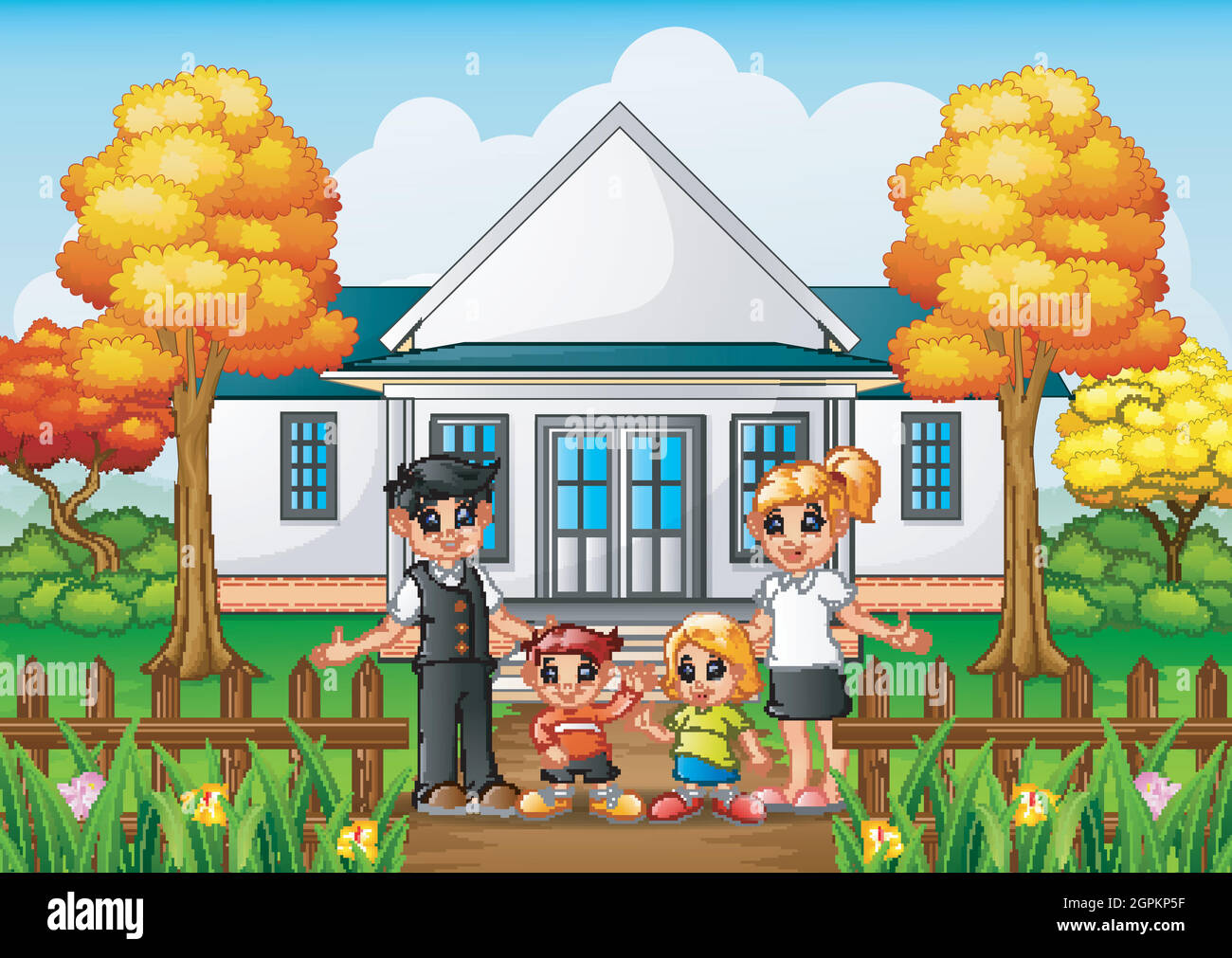 Caricature famille heureuse dans la cour avant de la maison Illustration de Vecteur