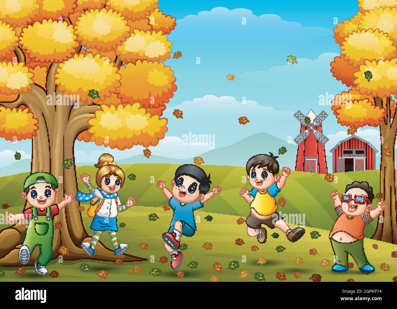 Des enfants heureux jouant dans le paysage agricole à l'automne Illustration de Vecteur