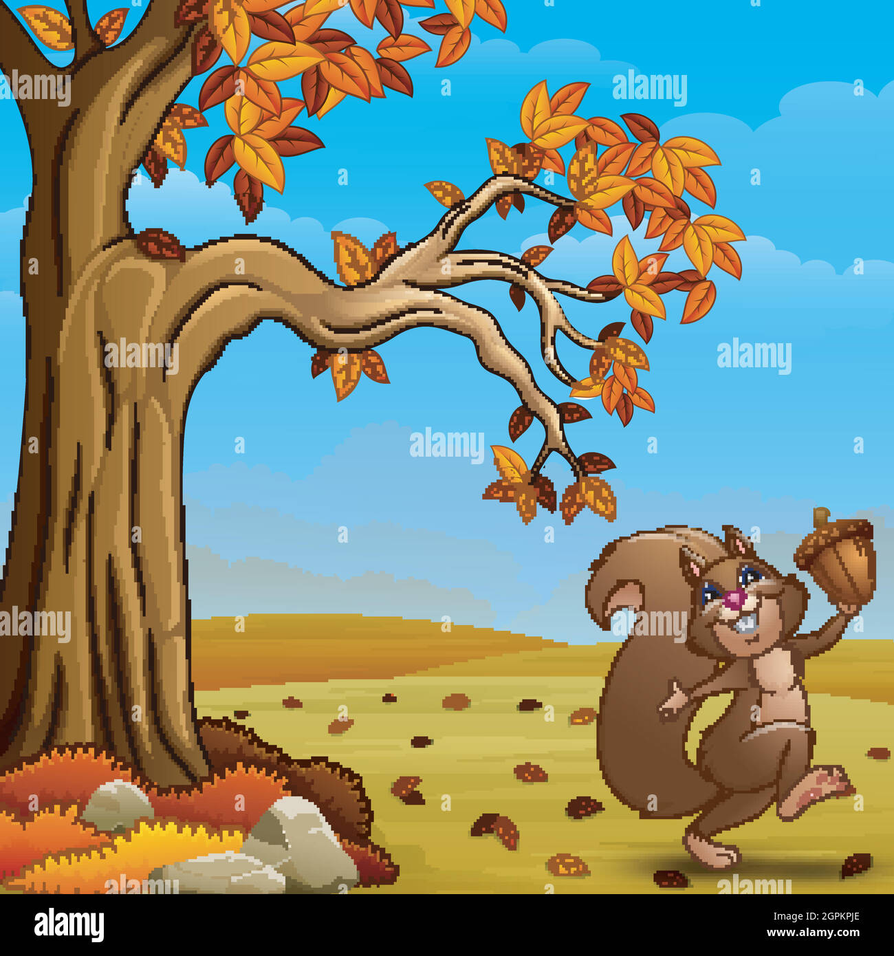 Écureuil heureux tenant un gland dans la forêt d'automne Illustration de Vecteur