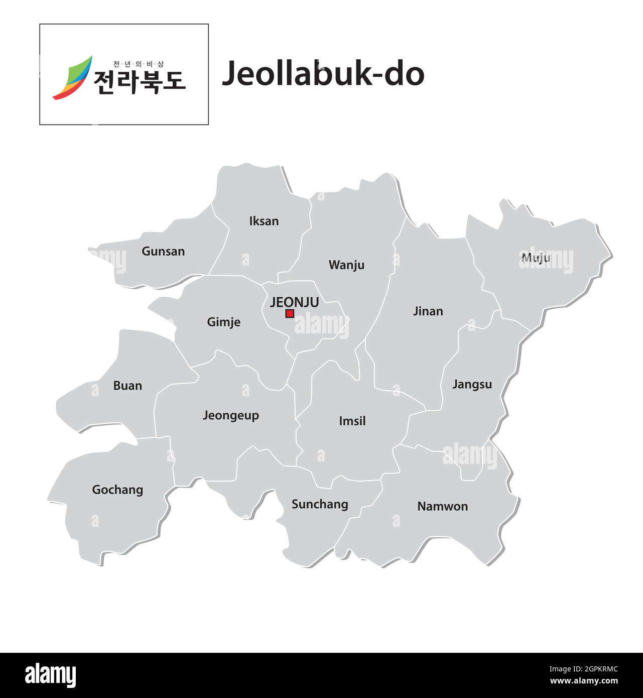 Carte vectorielle administrative de la province sud-coréenne de Jeollabuk-do avec drapeau Illustration de Vecteur