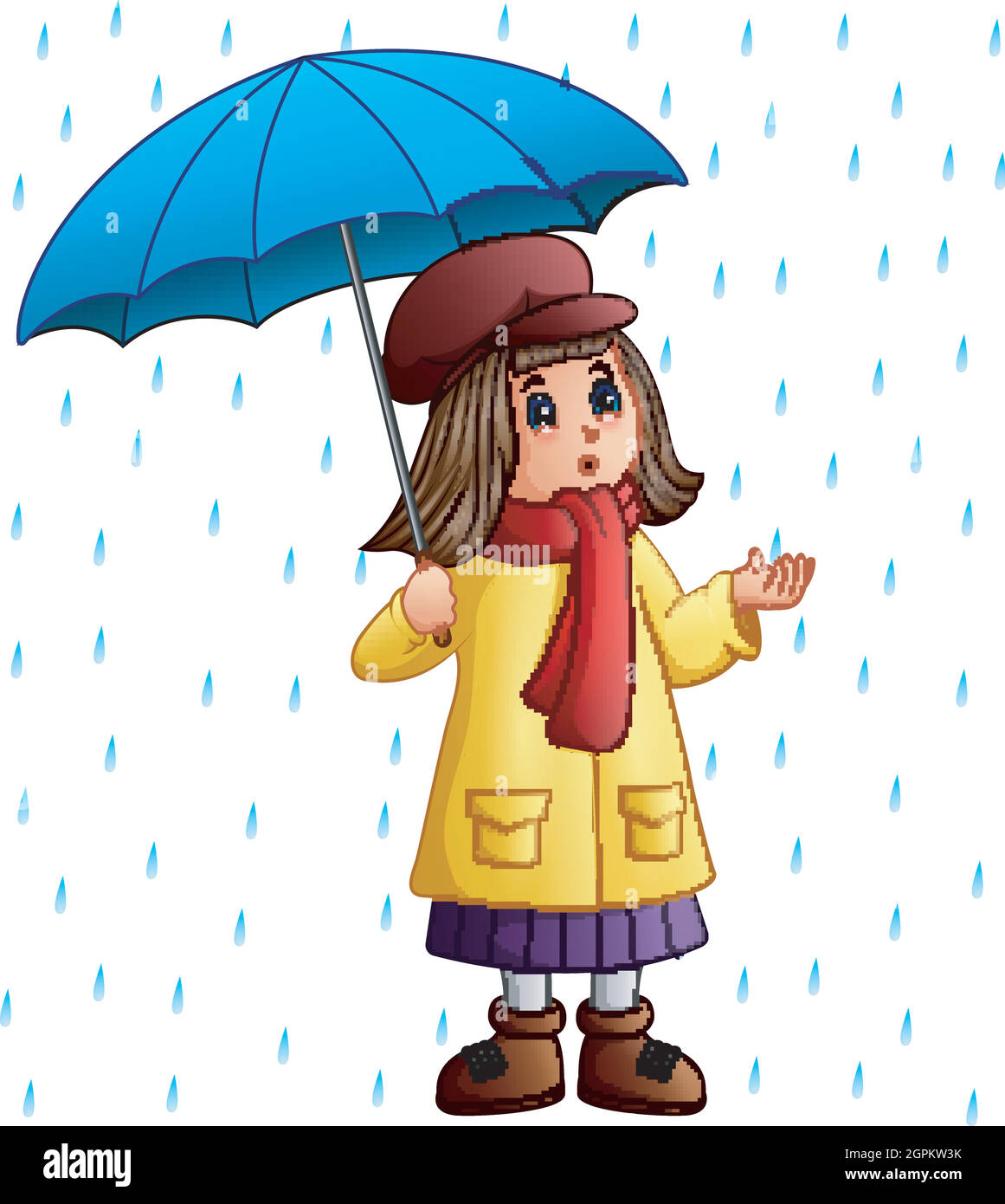 Petite fille de dessin animé avec parapluie debout sous les gouttes de pluie Illustration de Vecteur