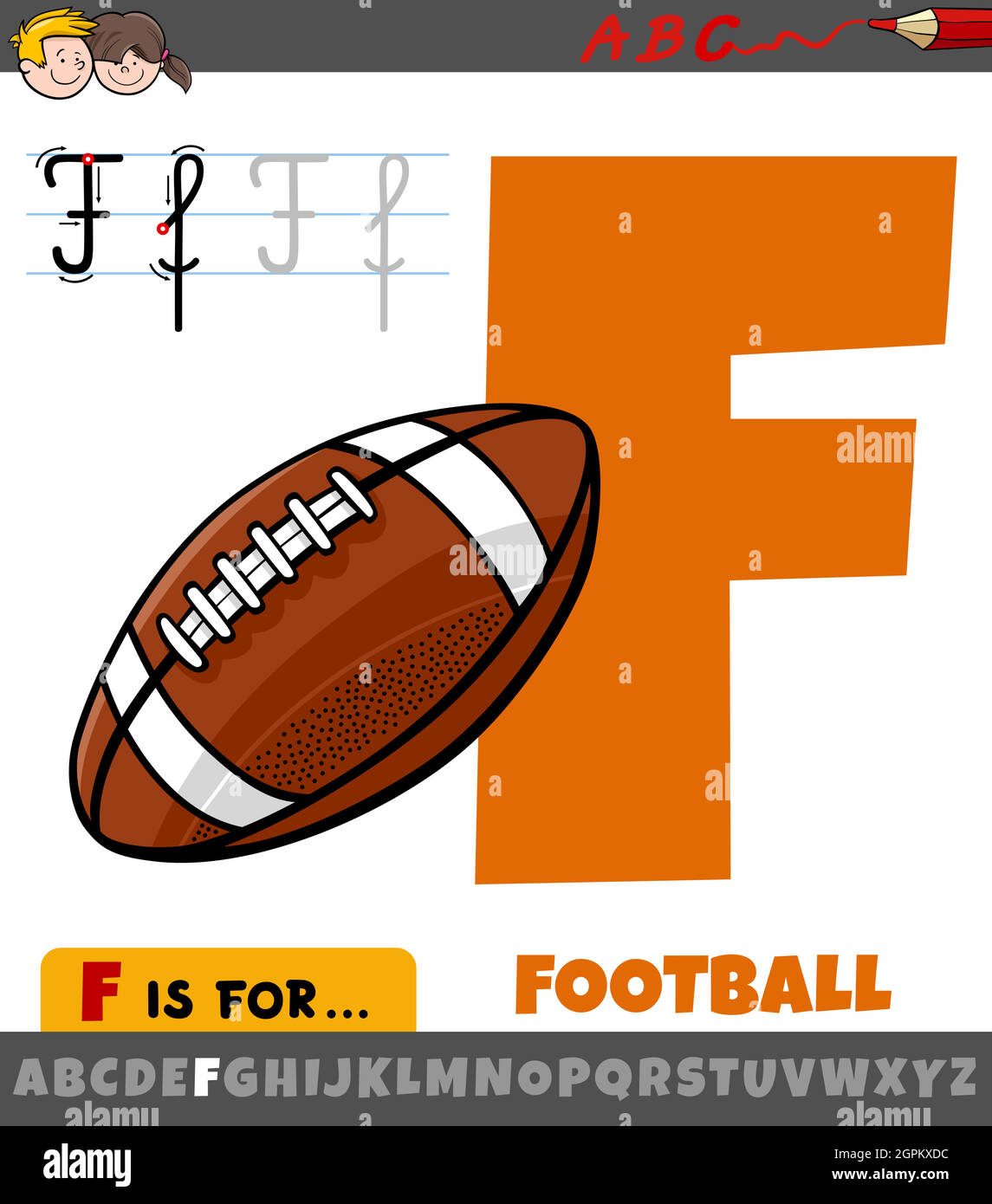 Lettre F de l'alphabet avec ballon de football de dessin animé Illustration de Vecteur