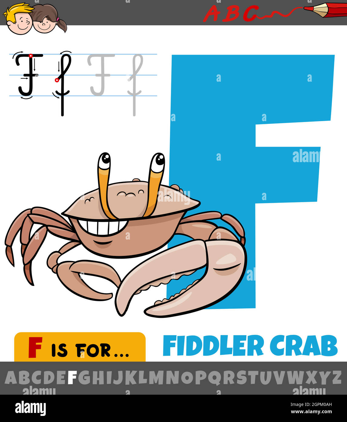 Lettre F de l'alphabet avec un animal de crabe de violon de bande dessinée Illustration de Vecteur