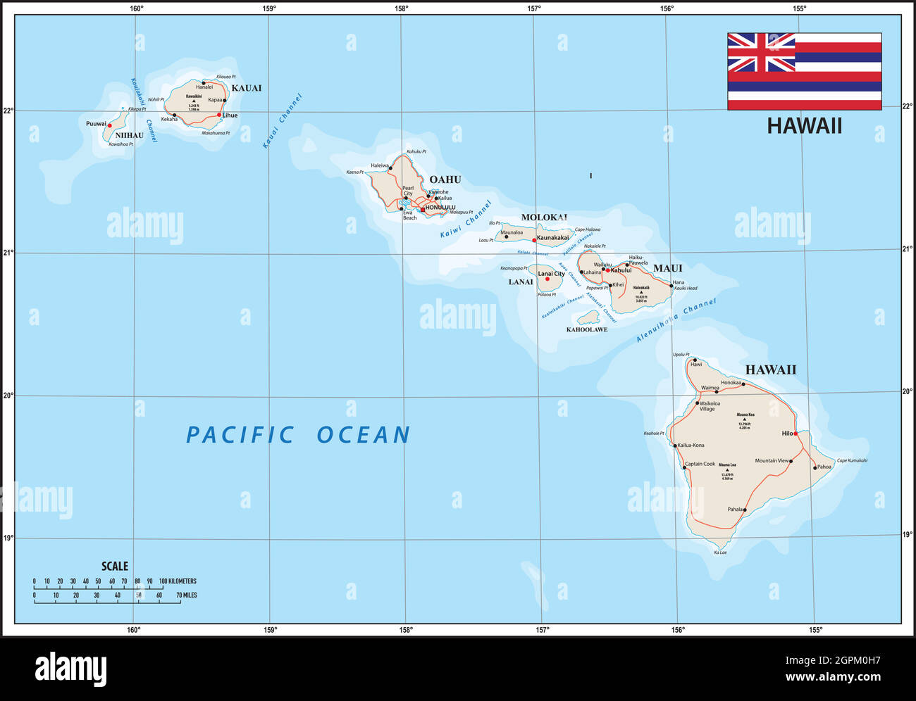 Carte de l'État américain d'Hawaï avec drapeau Illustration de Vecteur