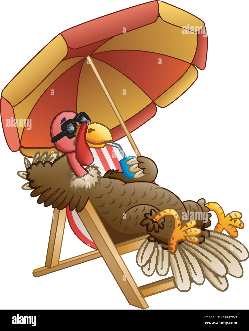 Oiseau de dinde de dessin animé assis sur une chaise de plage Illustration de Vecteur