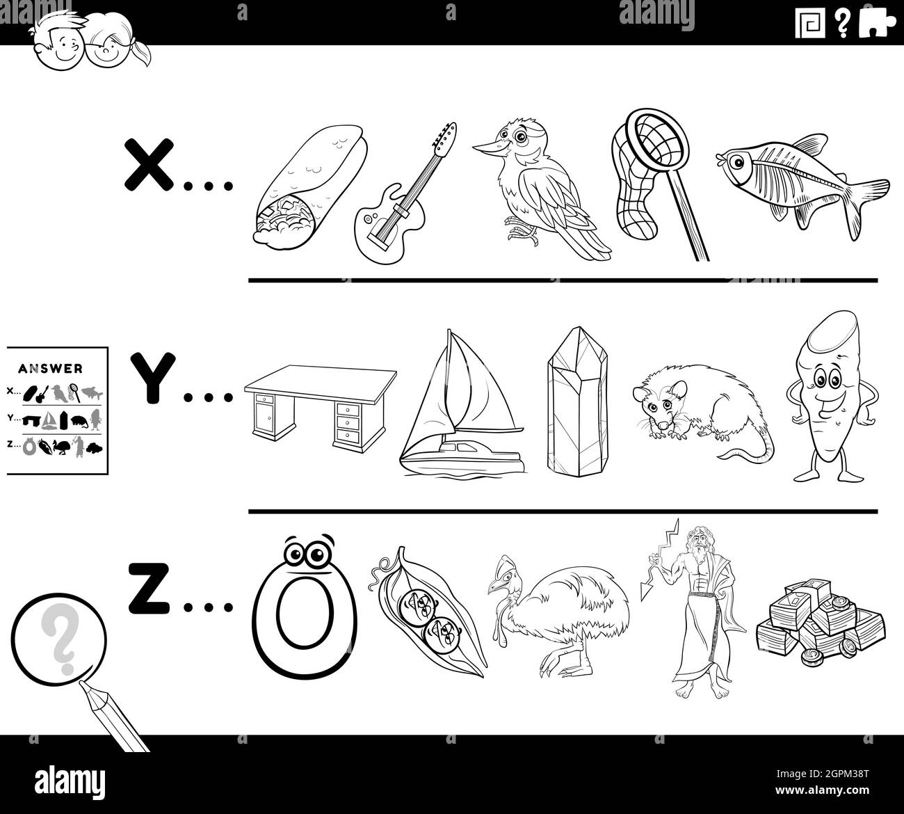 première lettre d'une activité de mot pour les enfants page de livre de coloriage Illustration de Vecteur