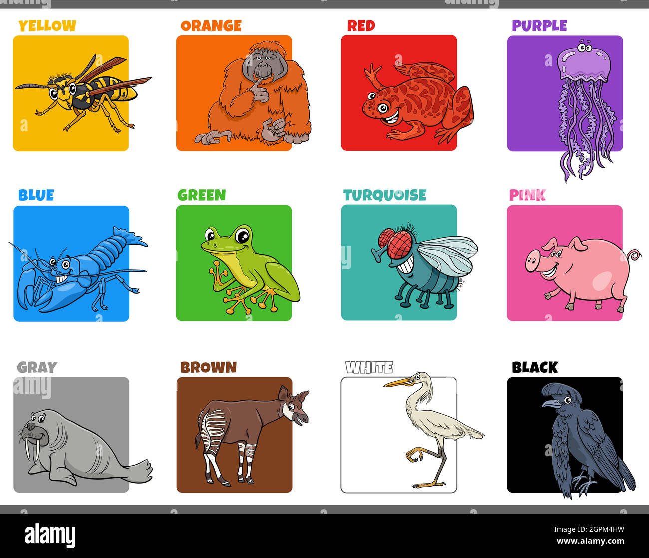 couleurs de base avec caractères animaux de dessin animé Illustration de Vecteur