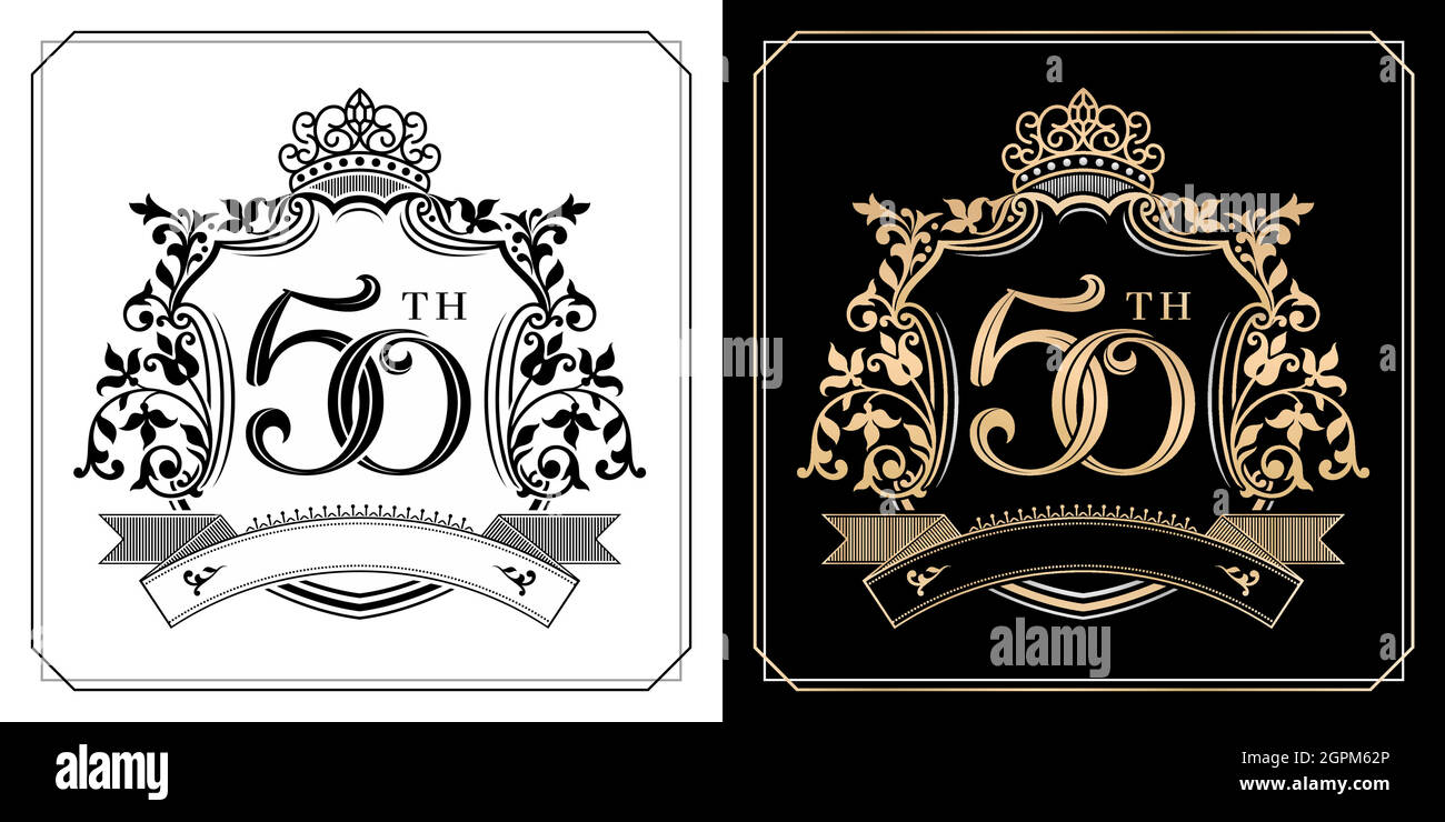 Illustration du symbole du 50e anniversaire d'or avec emblèmes de la couronne royale, deux variantes or et monochrome décor isolé noir et blanc. Applicable aux cartes de vœux, invitation, etc Illustration de Vecteur
