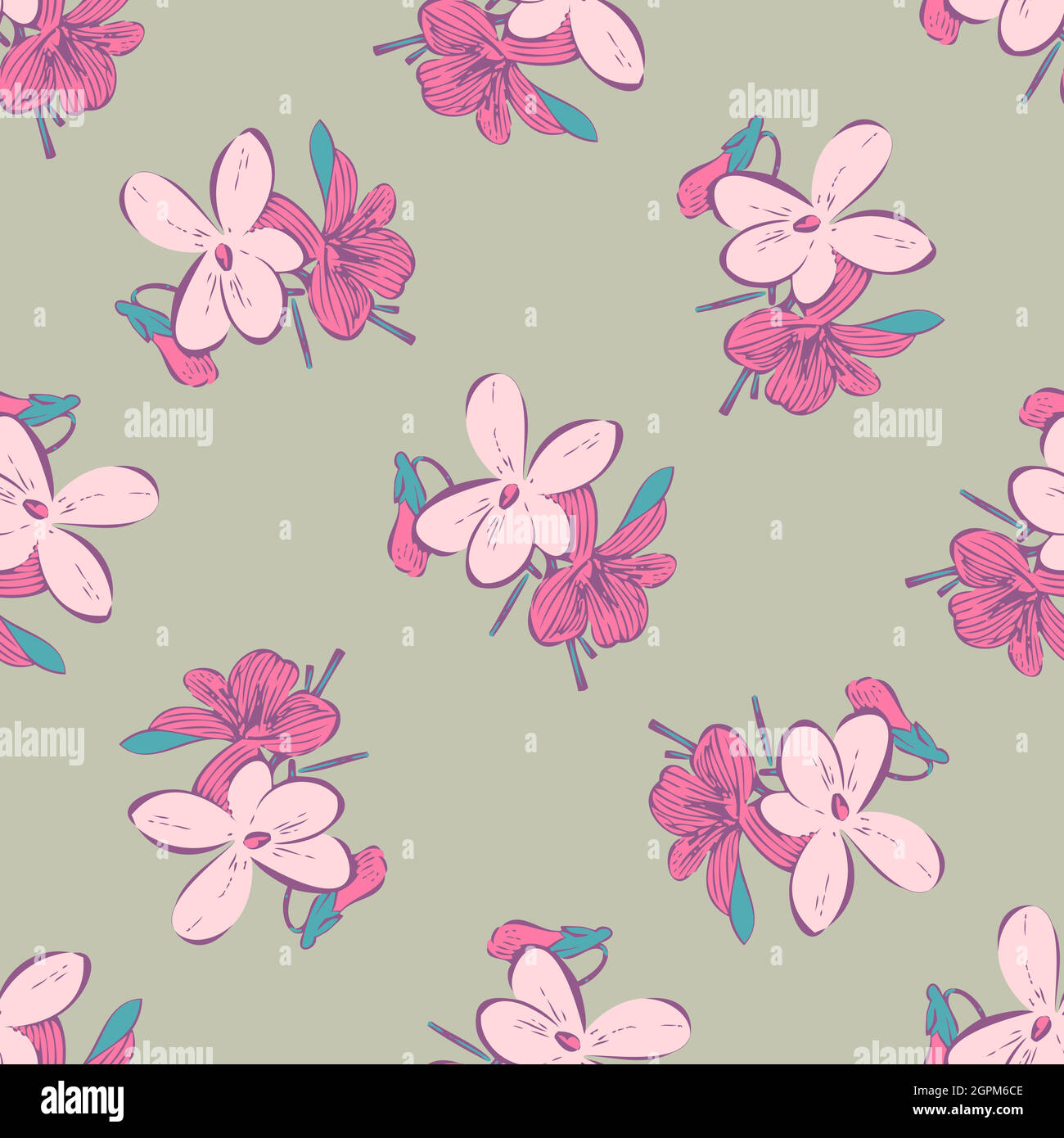 Branches avec fleurs dessinant, fleur dans les couleurs roses, fleurs de prairie sans couture motif, nature résumé vecteur d'arrière-plan. Dessin au trait d'art botanique illustration graphique imprimé. Papier peint gris tendance Illustration de Vecteur