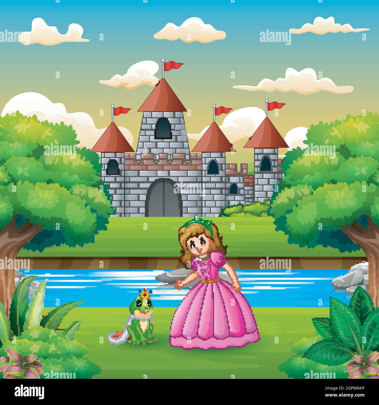 Scène avec prince grenouille et princesse sur le bord de la rivière Illustration de Vecteur