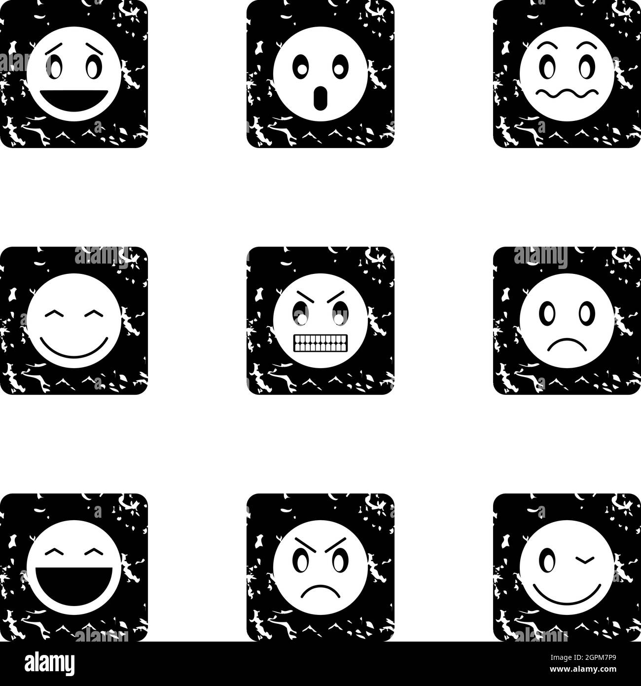 Jeu d'icônes de smileys ronds, style grunge Illustration de Vecteur